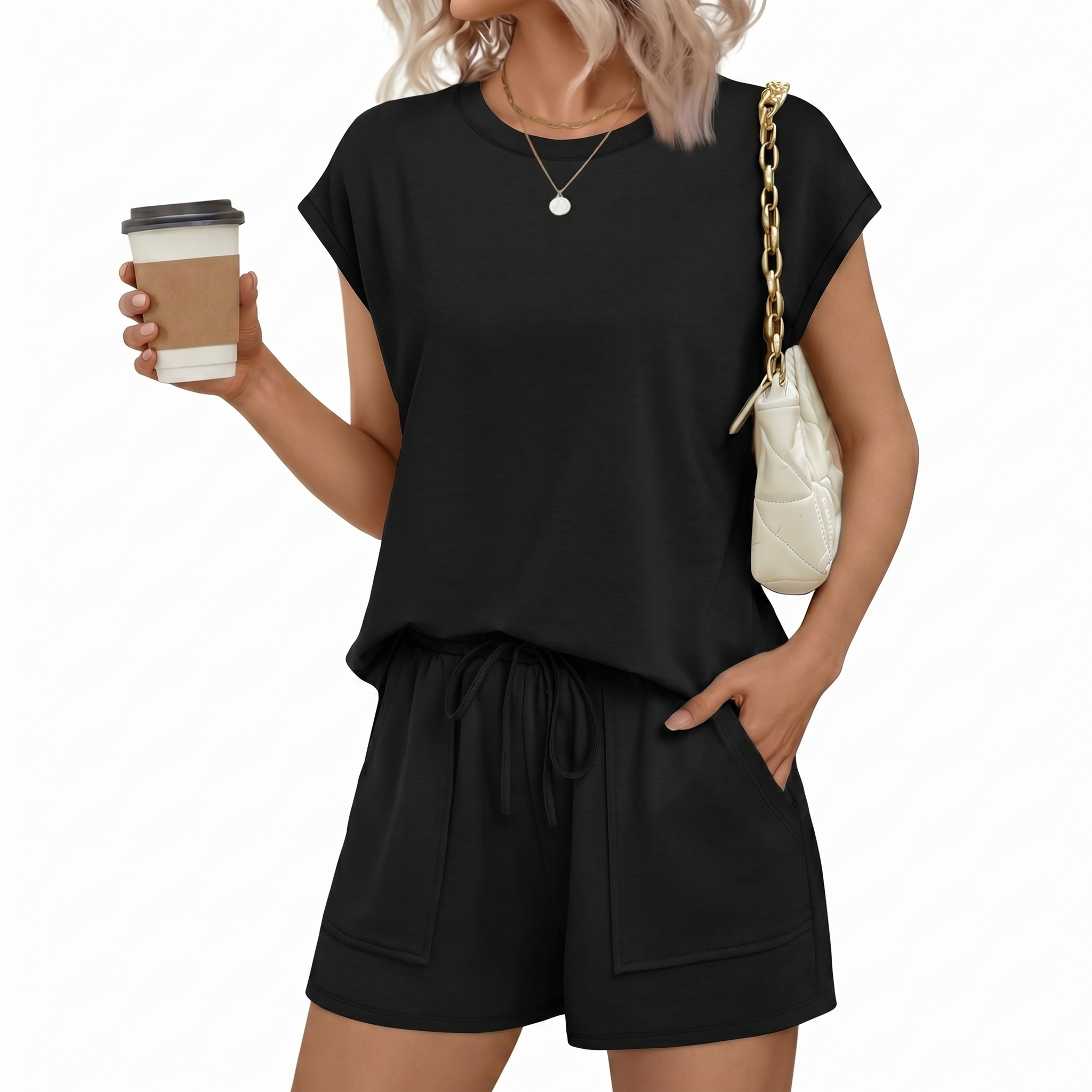  Two Piece Summer Lounge Short Sets With Pocket For Women 