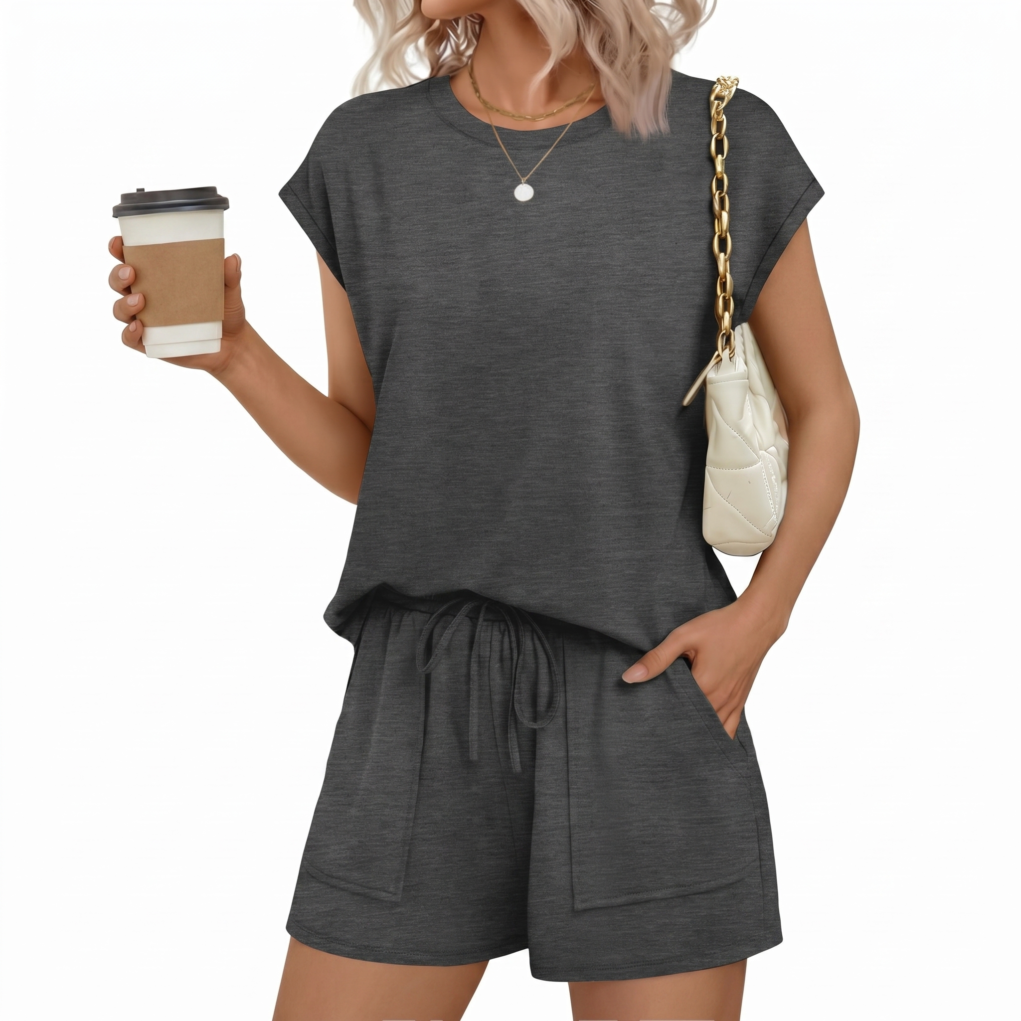  Two Piece Summer Lounge Short Sets With Pocket For Women 