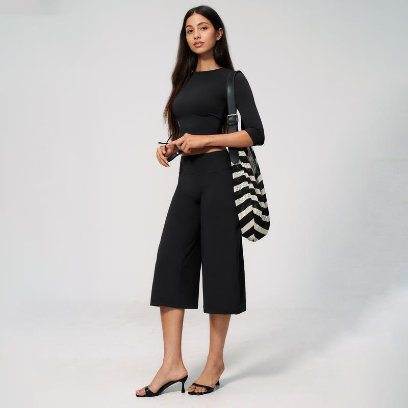 2 Pieces Flowy Pants And Elbow Sleeve Top Set For Women