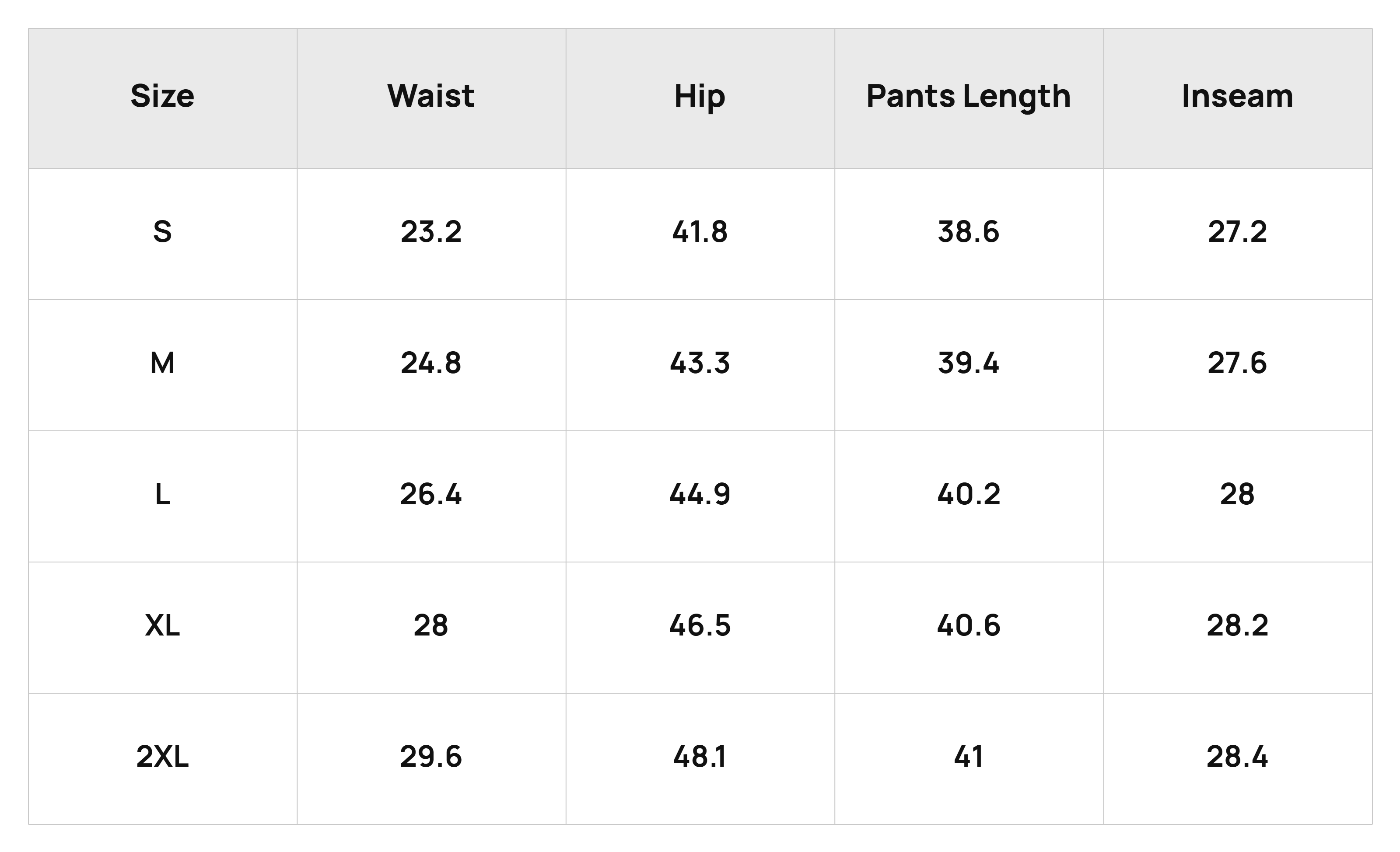 Size Chart Bottoms Product Size Chart