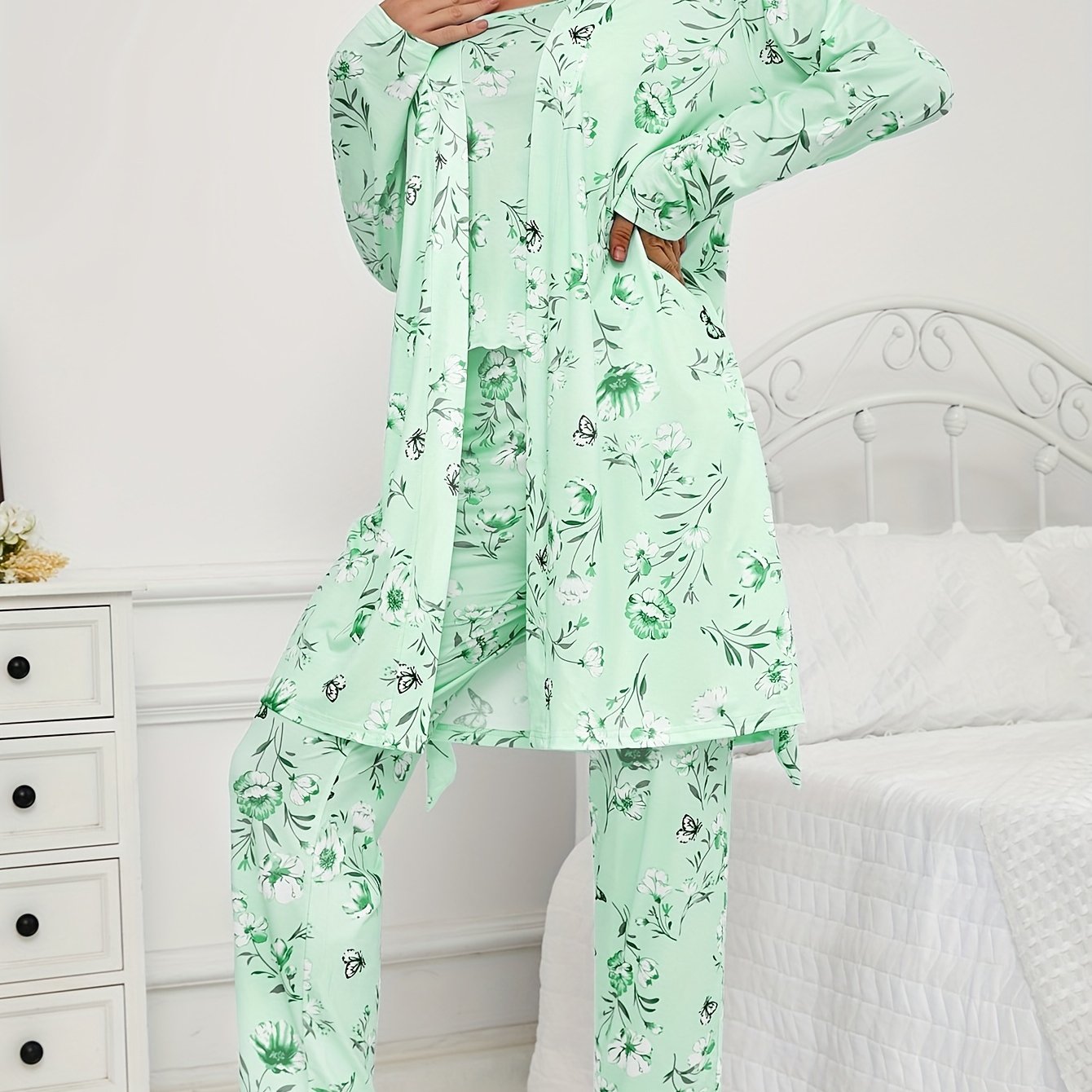 Three Piece Knit Pajama Set With Long Sleeve Belted Robe