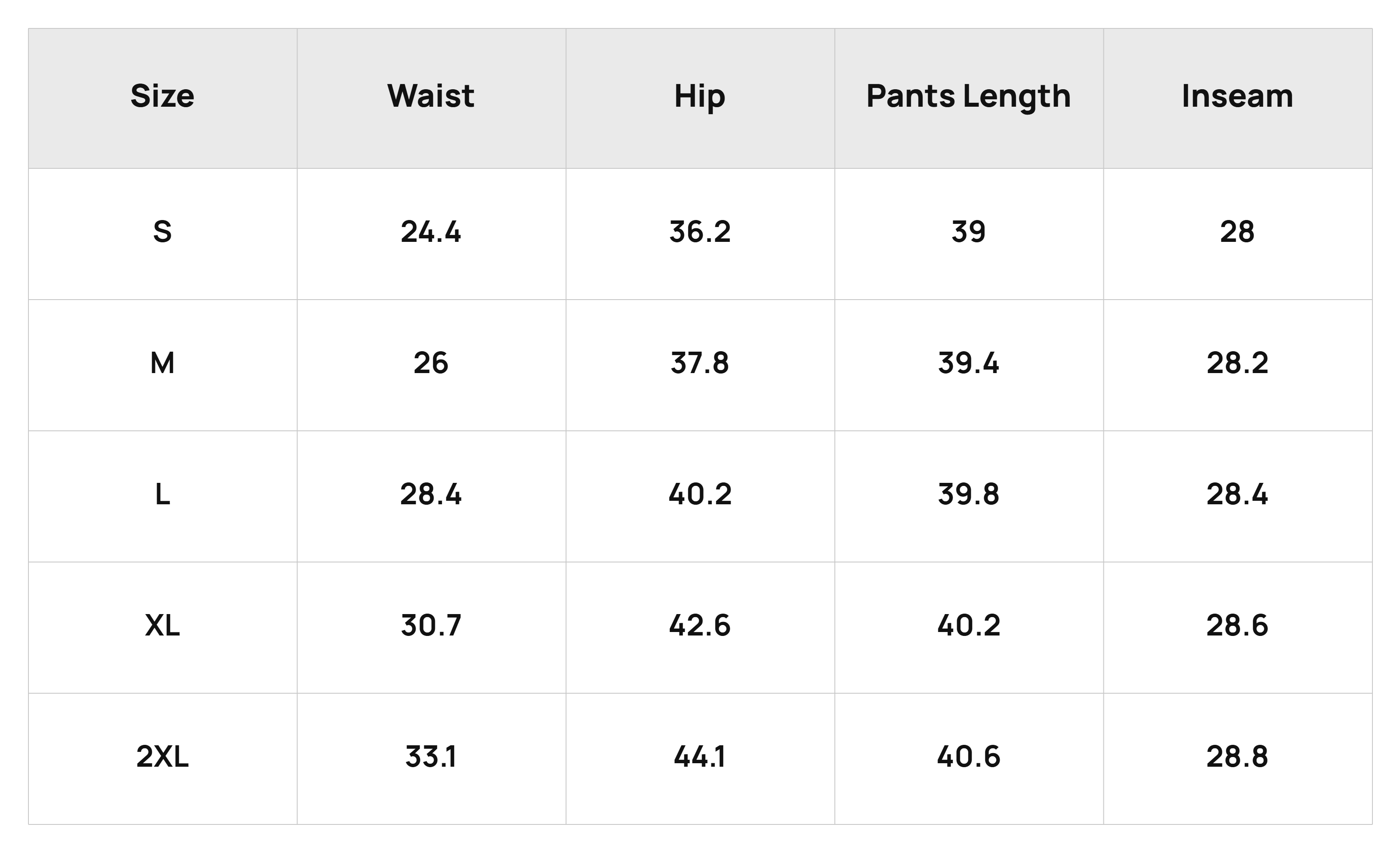 Size Chart Bottoms Product Size Chart