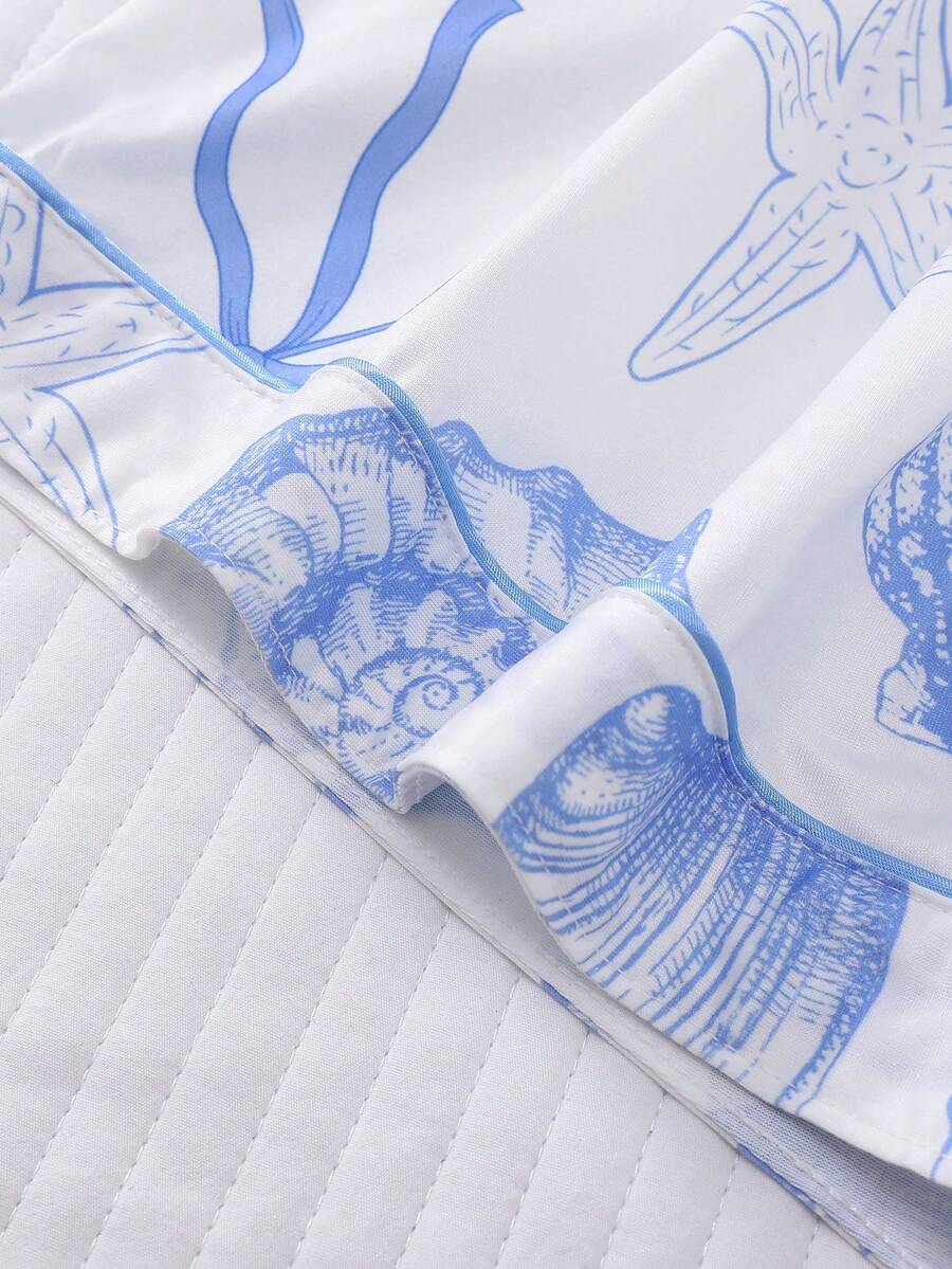 2pcs Women Pajama Set, Seashell Print, Ladies Homewear, Spring/Summer Holiday Outfit, Short Sleeve Lapel Top And Shorts Can Be Worn Outerwear - White - View 5
