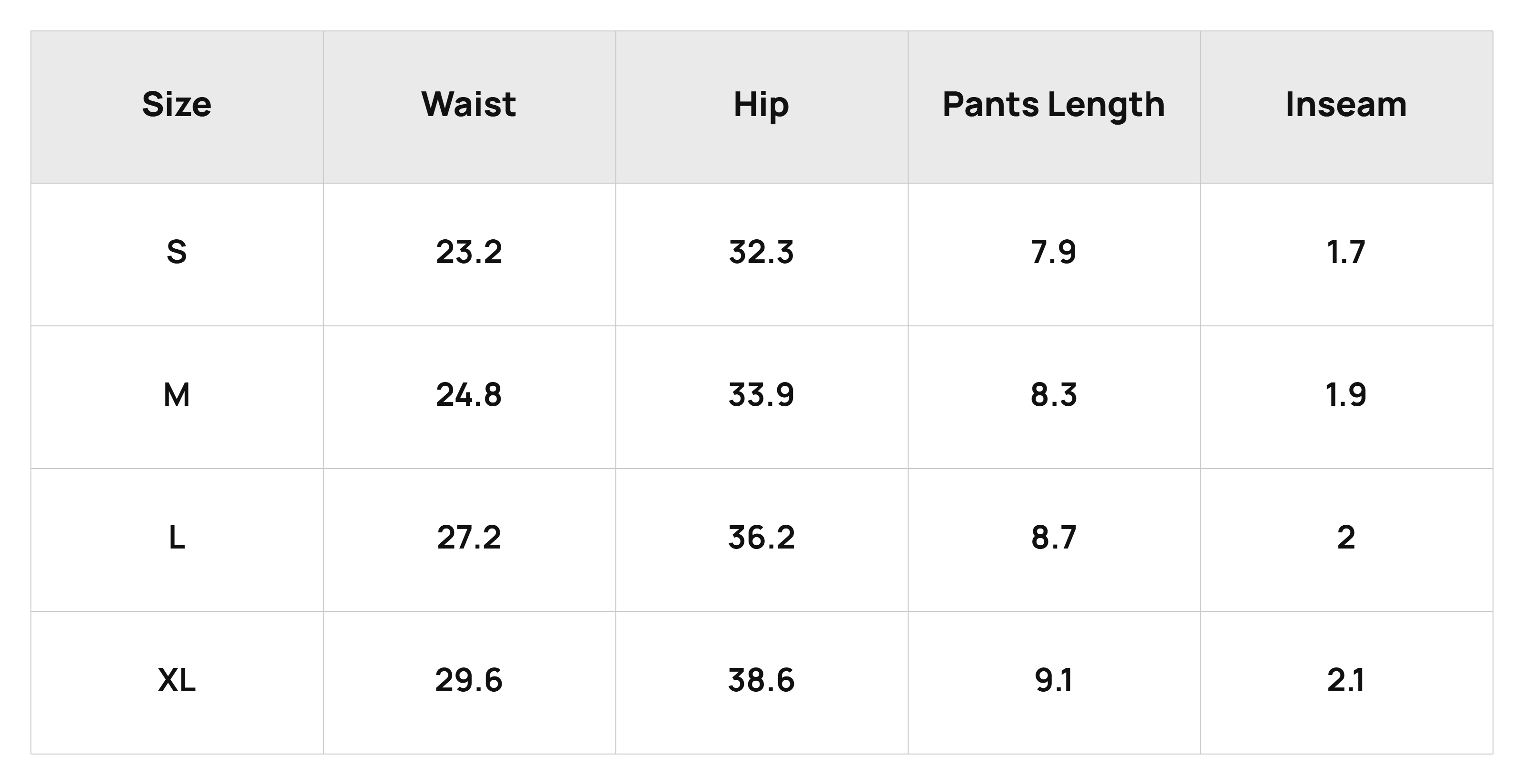 Size Chart Bottoms Product Size Chart