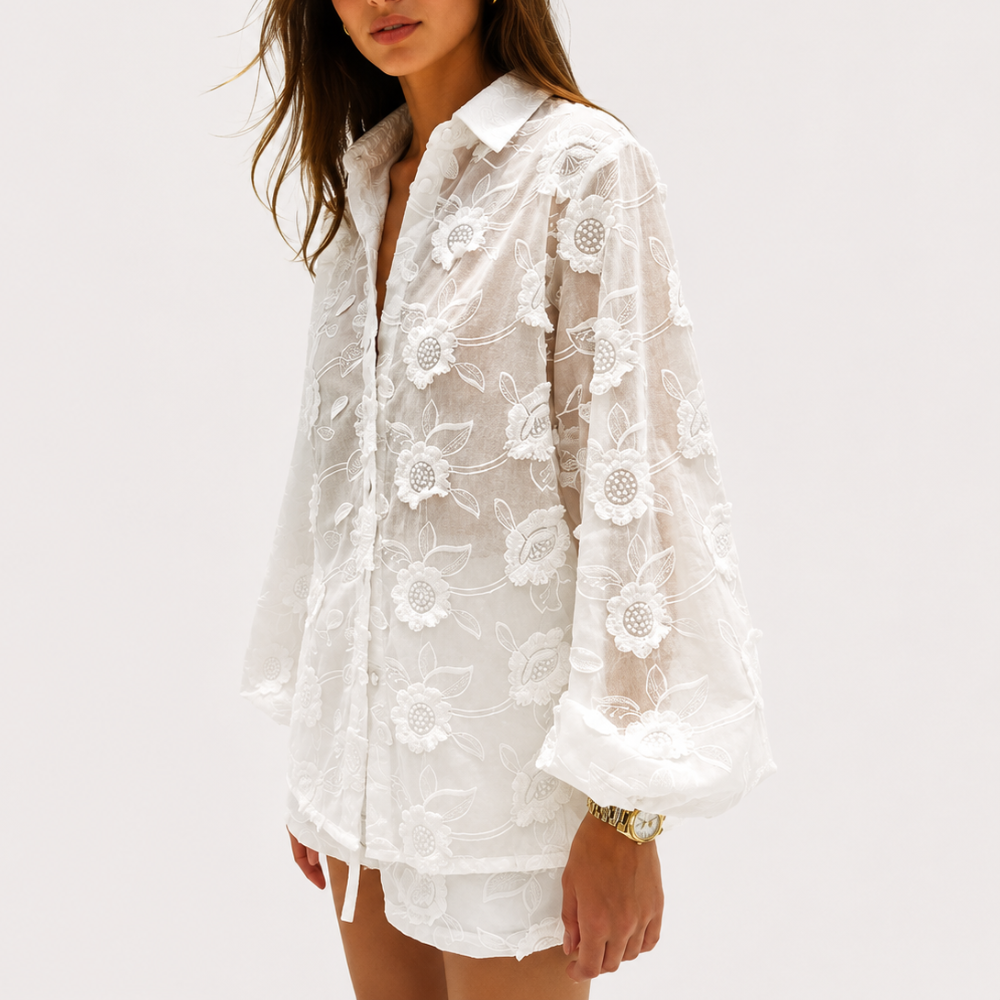 2 Piece Lace Jacket Top And Mini Shorts Set For Women