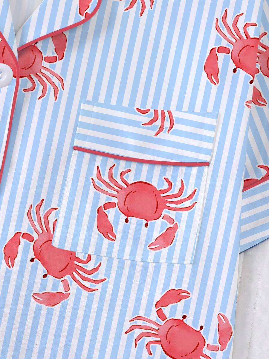 2pcs/Set Women's Pajama Set, Crab Print, Women's Loungewear, Spring/Summer Holiday Outfit, Short Sleeve Lapel Top And Shorts, Can Be Worn Out - Blue - View 5