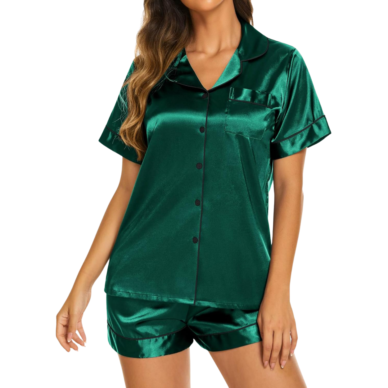 Casual Silk Pajama Set With Short Sleeve Button Down Shirt And Shorts For Women