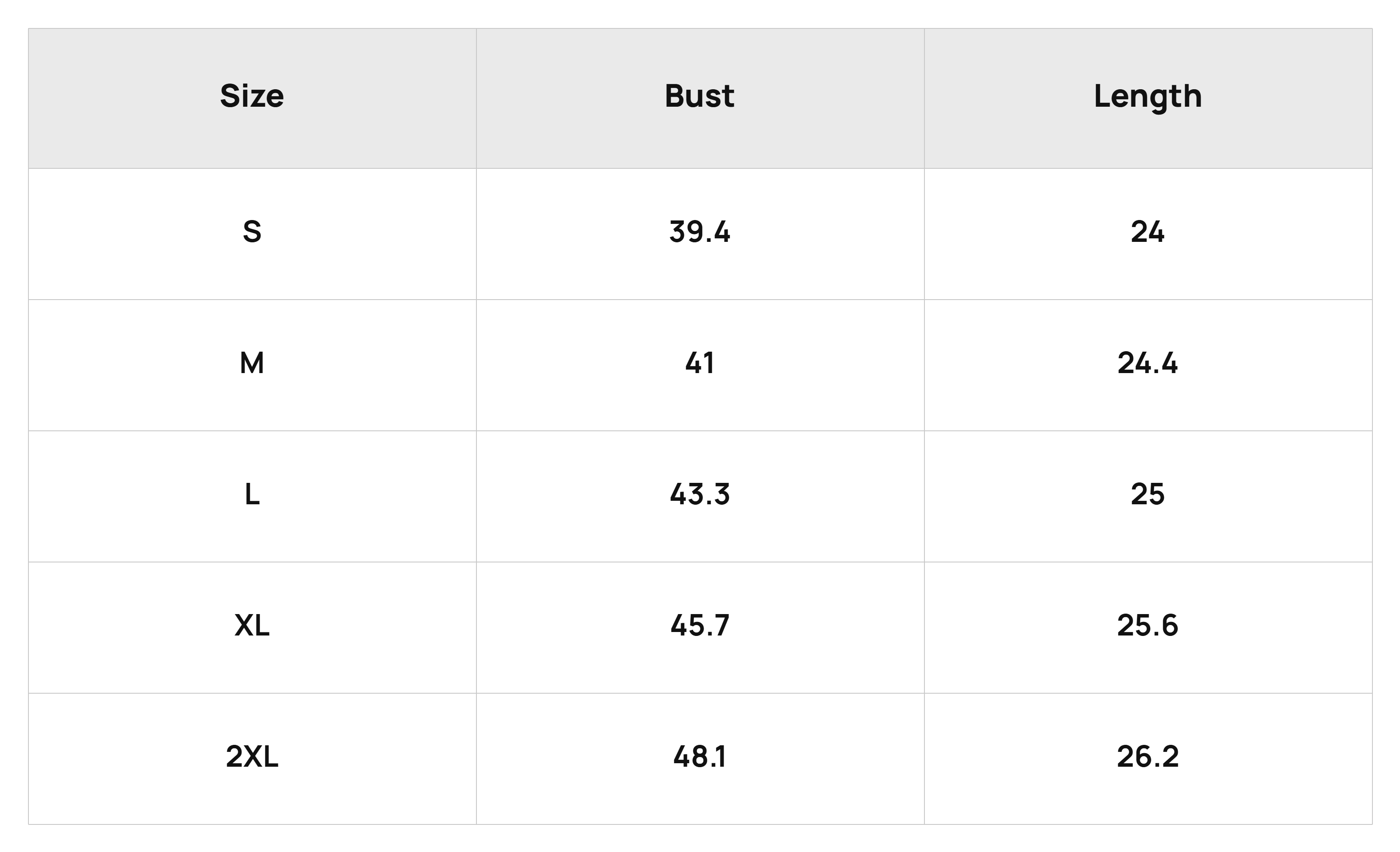 Size Chart Tops Product Size Chart
