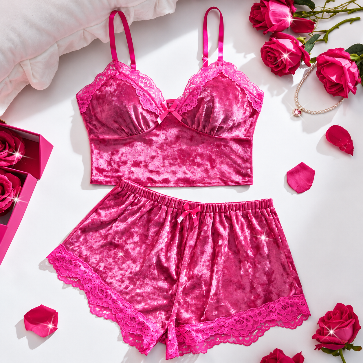 2 Pieces Lace Trim Pajama Set For Women
