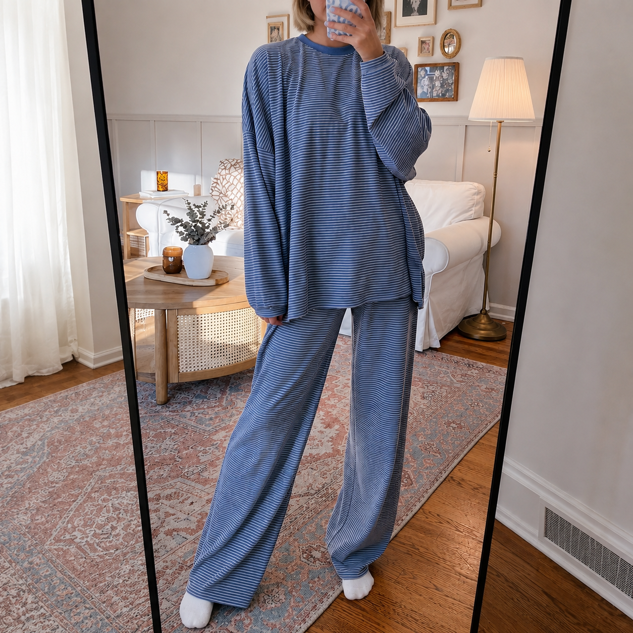 2 Pieces Wide Oversized Long Striped Cotton Loungewear For Women