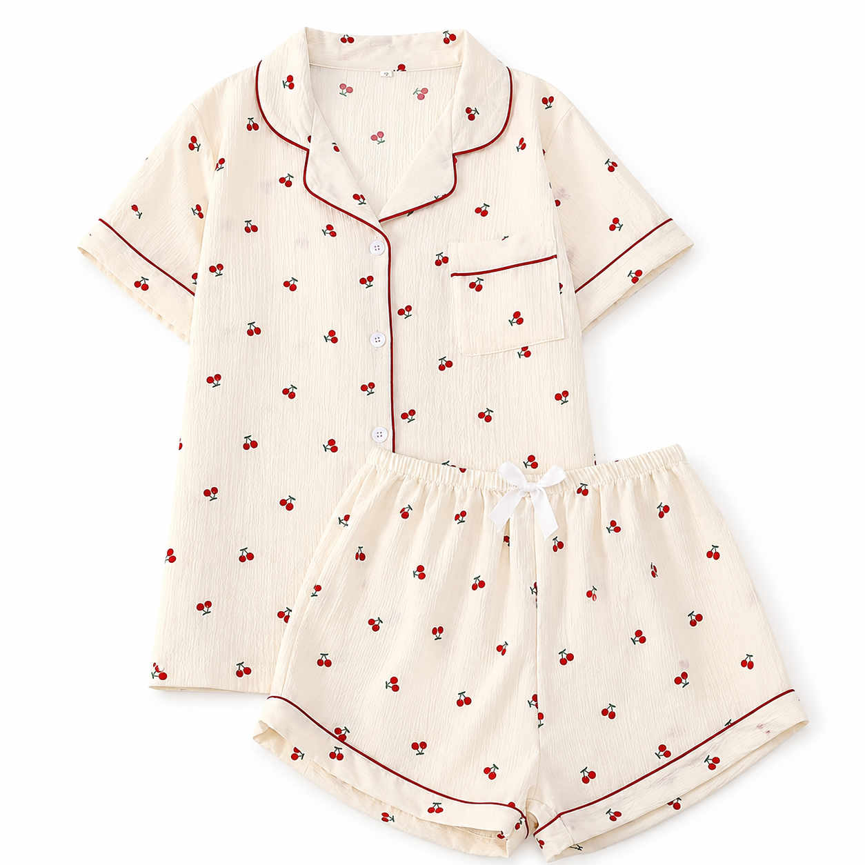 Cherry Print Lapel Top and Bow Shorts Set For Women