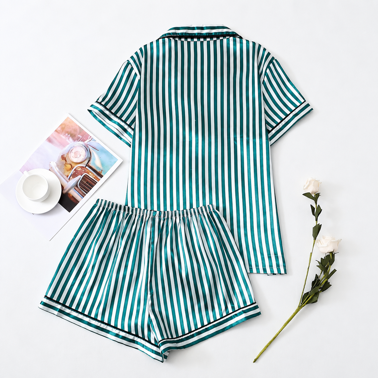 2 Piece Of Short Sleeve Button Front Top With Striped Shorts Sleepwear Pajama Set For Women