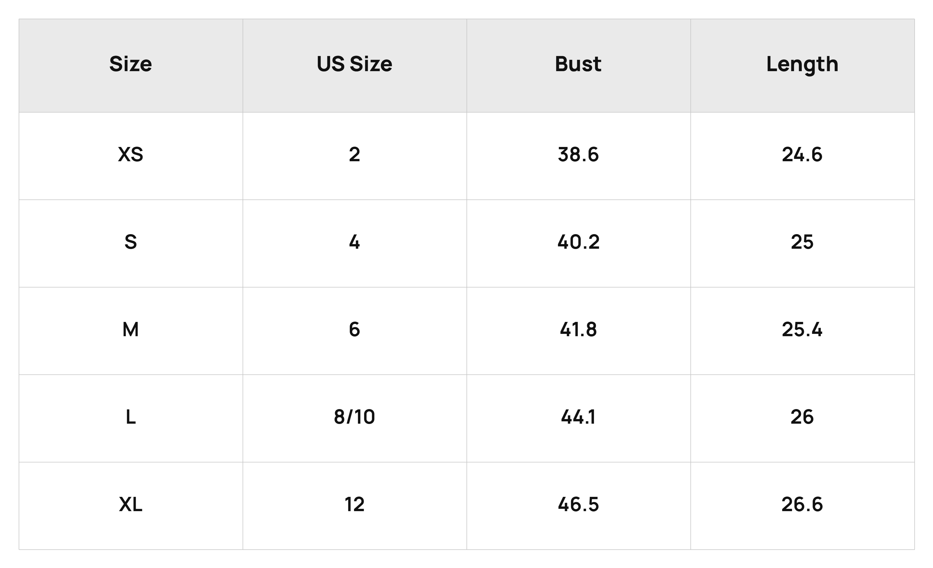 Size Chart Tops Product Size Chart