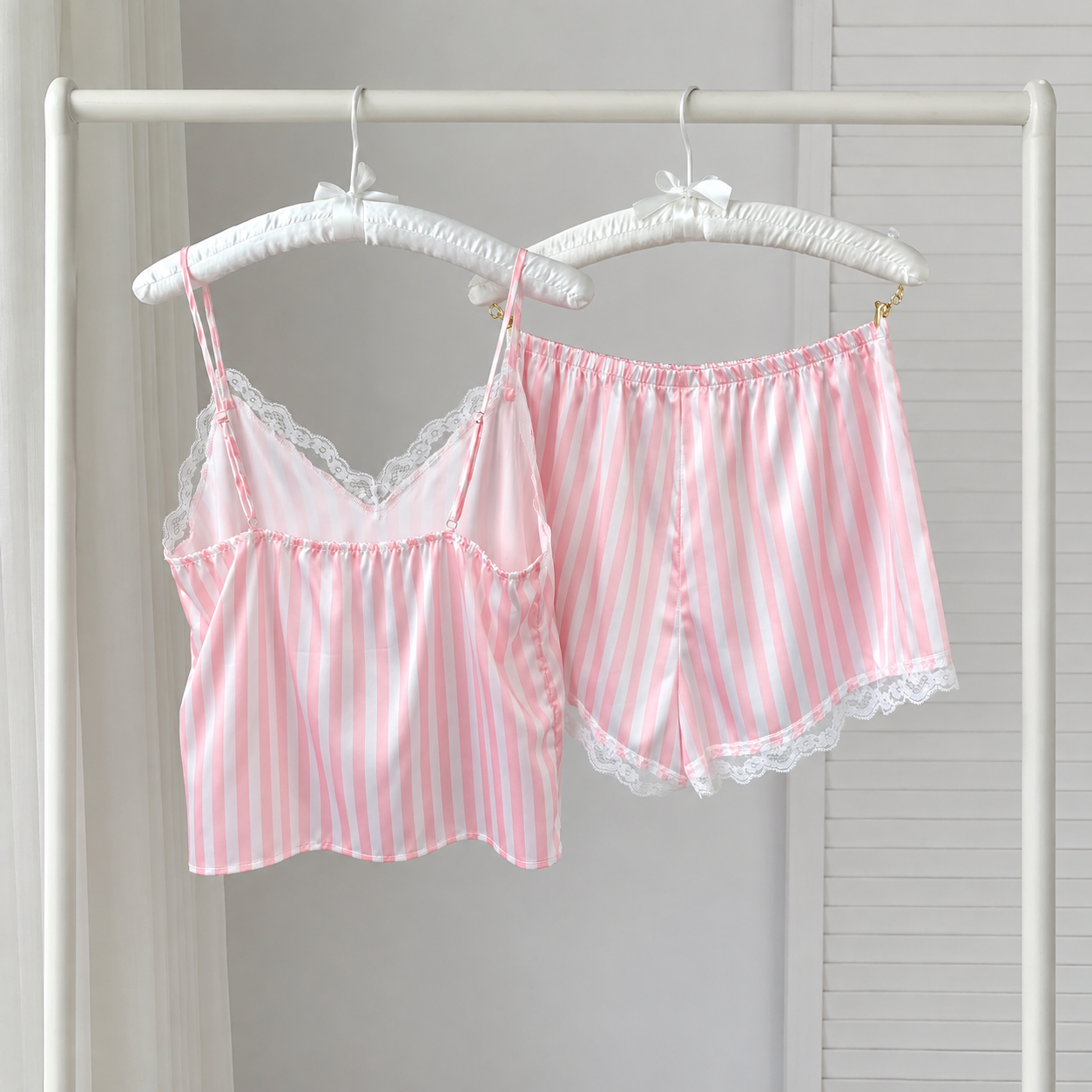 Striped Lace Trim Camisole and Shorts 2 Piece Pajama Set for Women