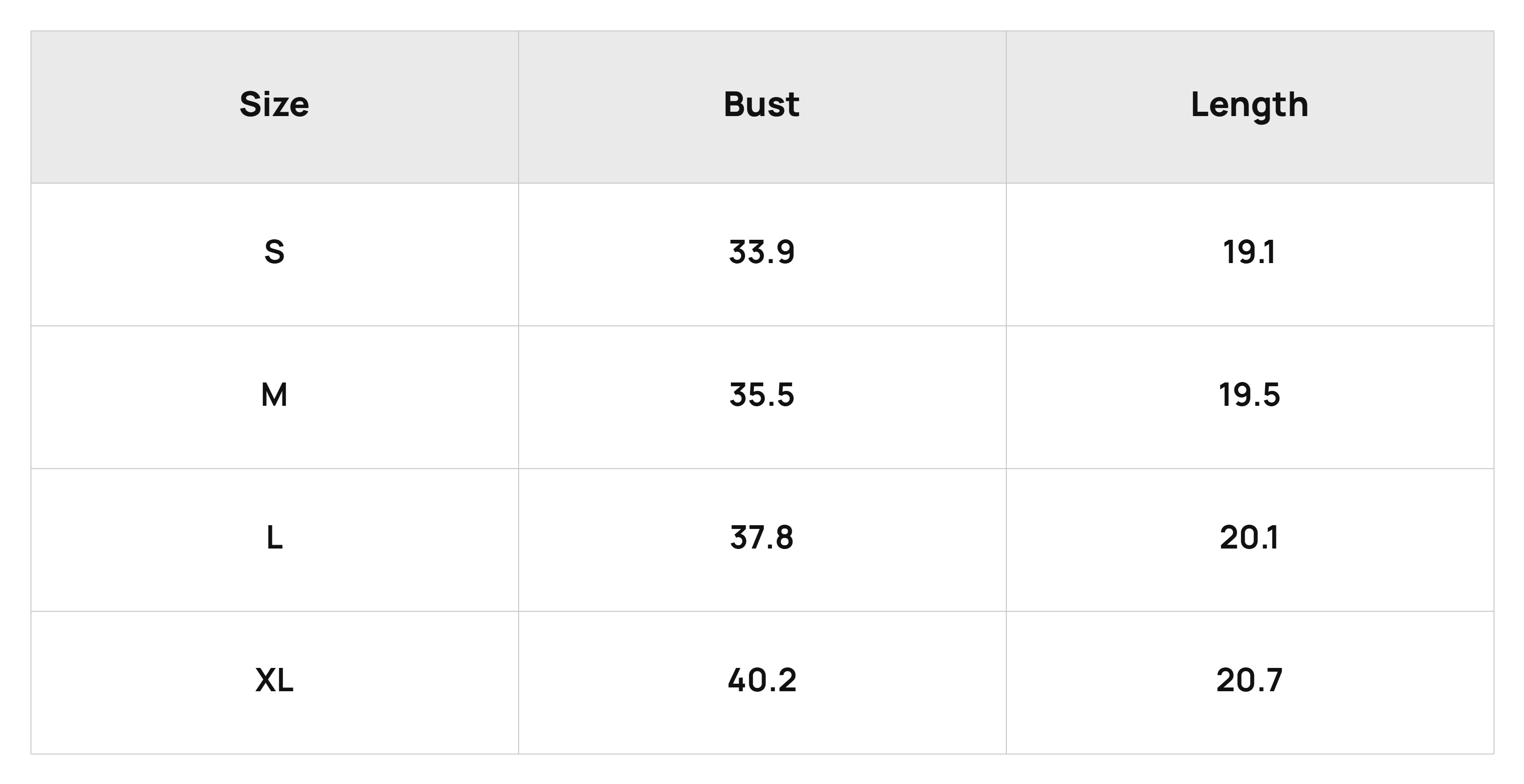 Size Chart Tops Product Size Chart
