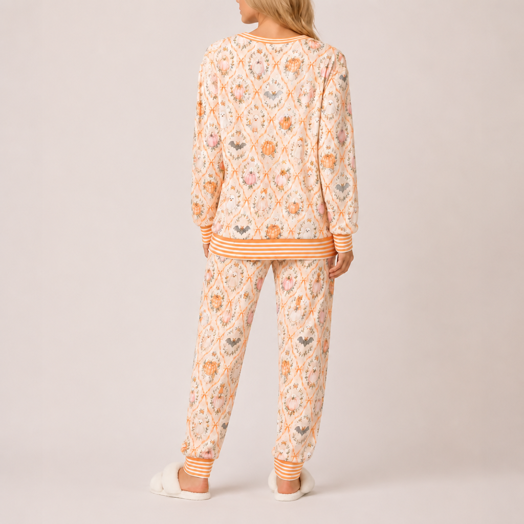 Halloween Pumpkin Print Two Piece Loungewear Pajama Set for Women