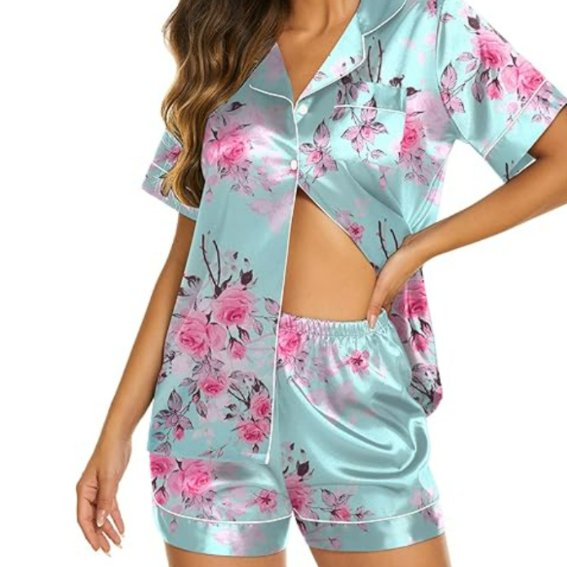 Satin Short Sleeve Button Down Shorts Set