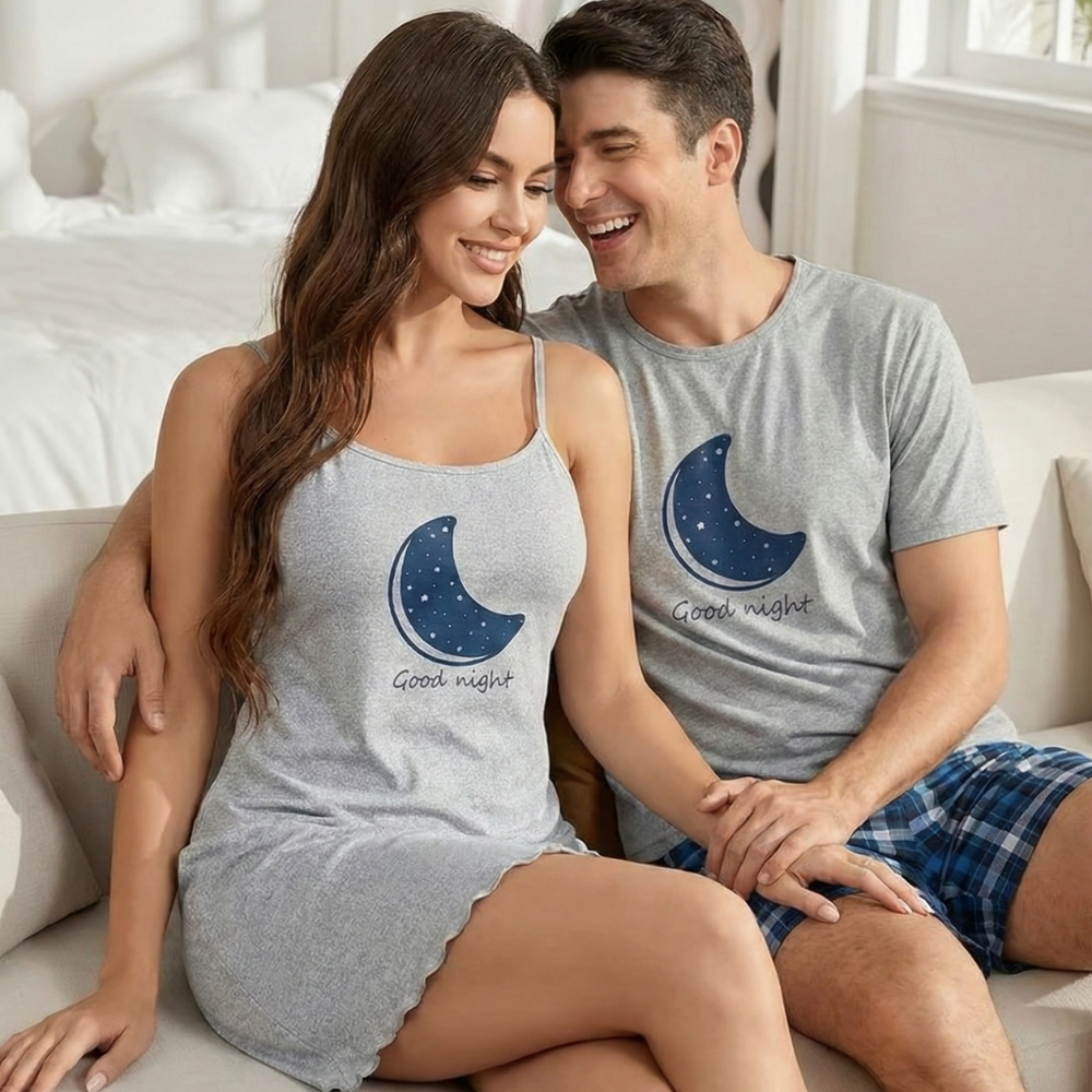 Moon Printed Short Sleeve Matching Couple Pajama Set