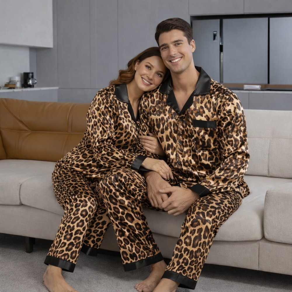 Long Sleeve Leopard Print Matching Pajama Set For Couple