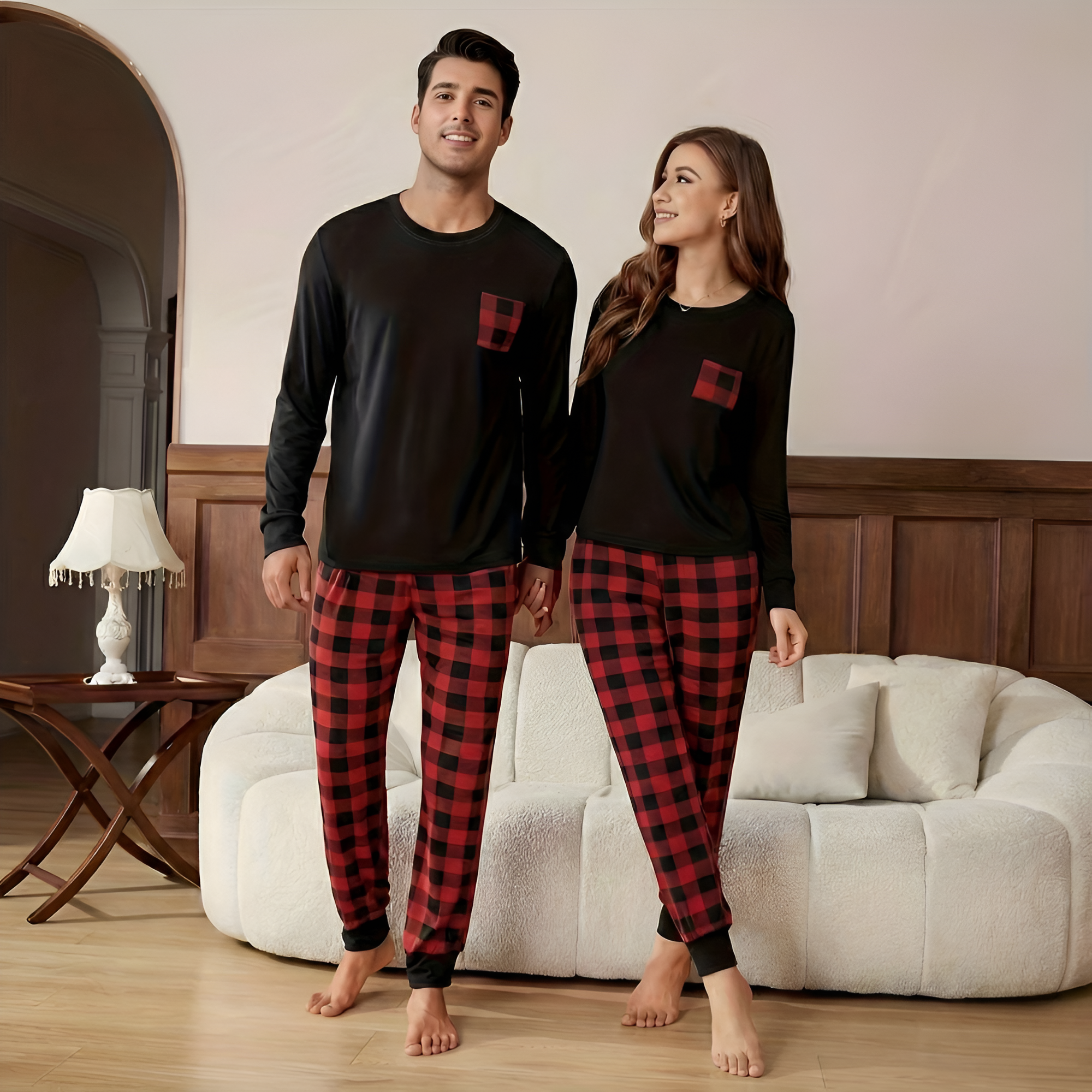 Plaid Designed Lounge Pajama Set For Couple With Pockets