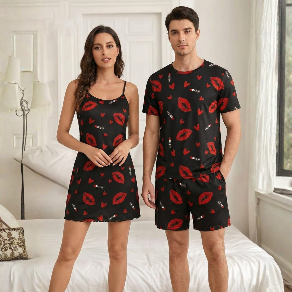 Lips Lipstick Letter Printed Pajama Set