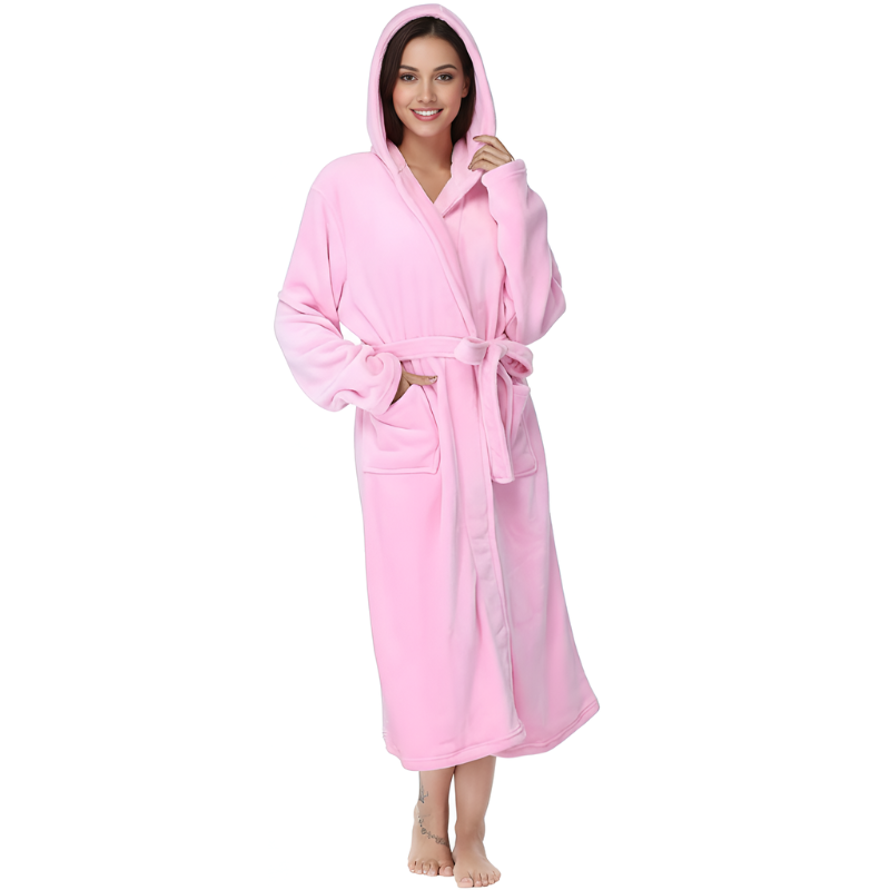 Womens Robes Plush Fleece Hooded Bathrobe Thick Nightgown With Pockets Fluffy Sleepwear