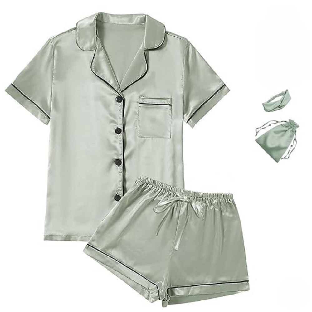 4Pcs Womens Satin Silky Short Sleeve Shirt Pajamas Set