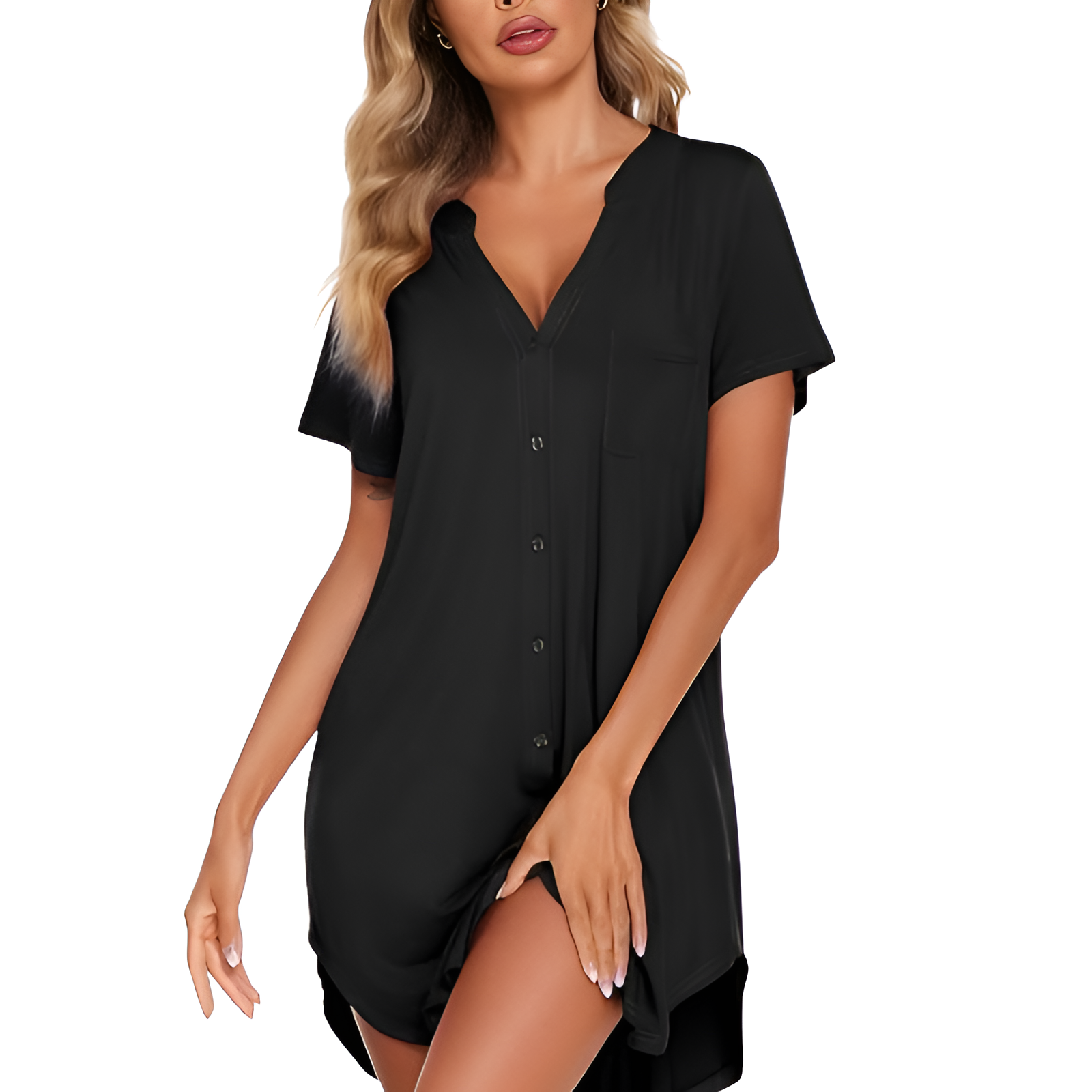 Button Down Nightgown With V Style Design For Women