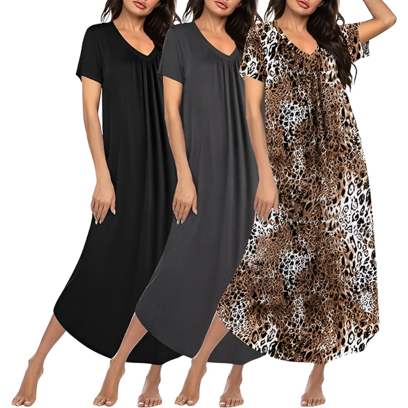 Pack Of 3 Long Nightgowns For Women With Short Sleeves