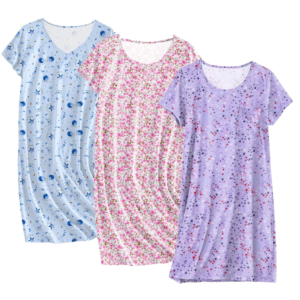 Pack Of 3 Soft Short Sleeve Sleepwear Dresses for Wo