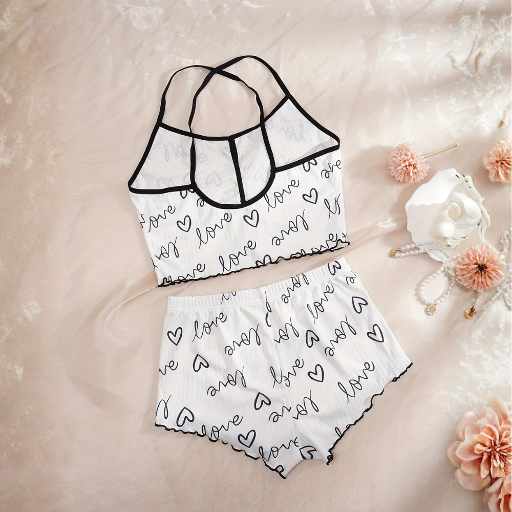 Cordate Printed Cross Strap Pajama Top And Shorts Set