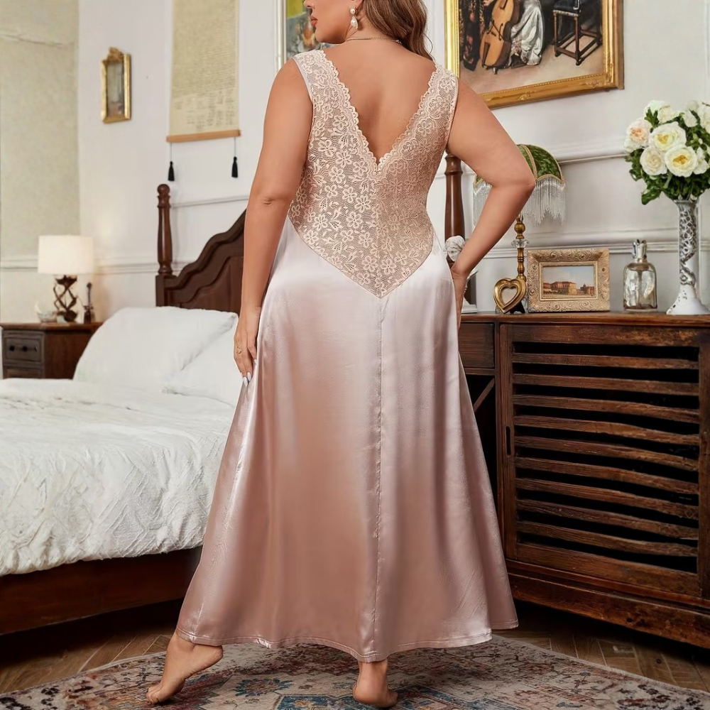 Plus Size Elegant Solid Color Lace Trim V Style Nightgown For Women
