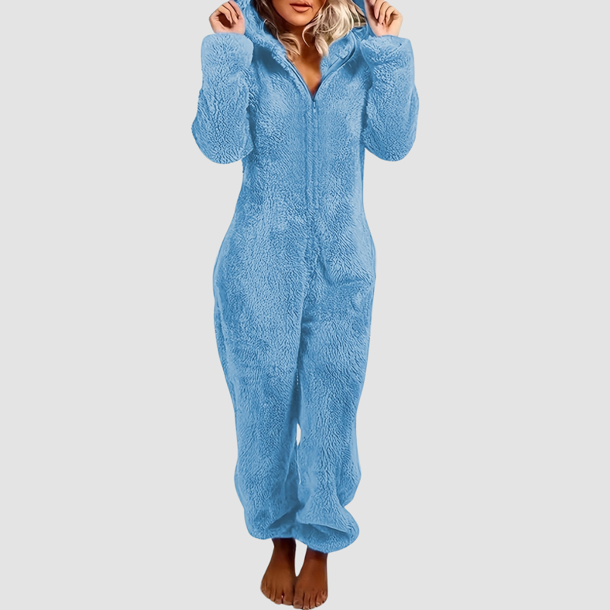 Fuzzy Hooded Pajama Jumpsuit With Zipper For Women