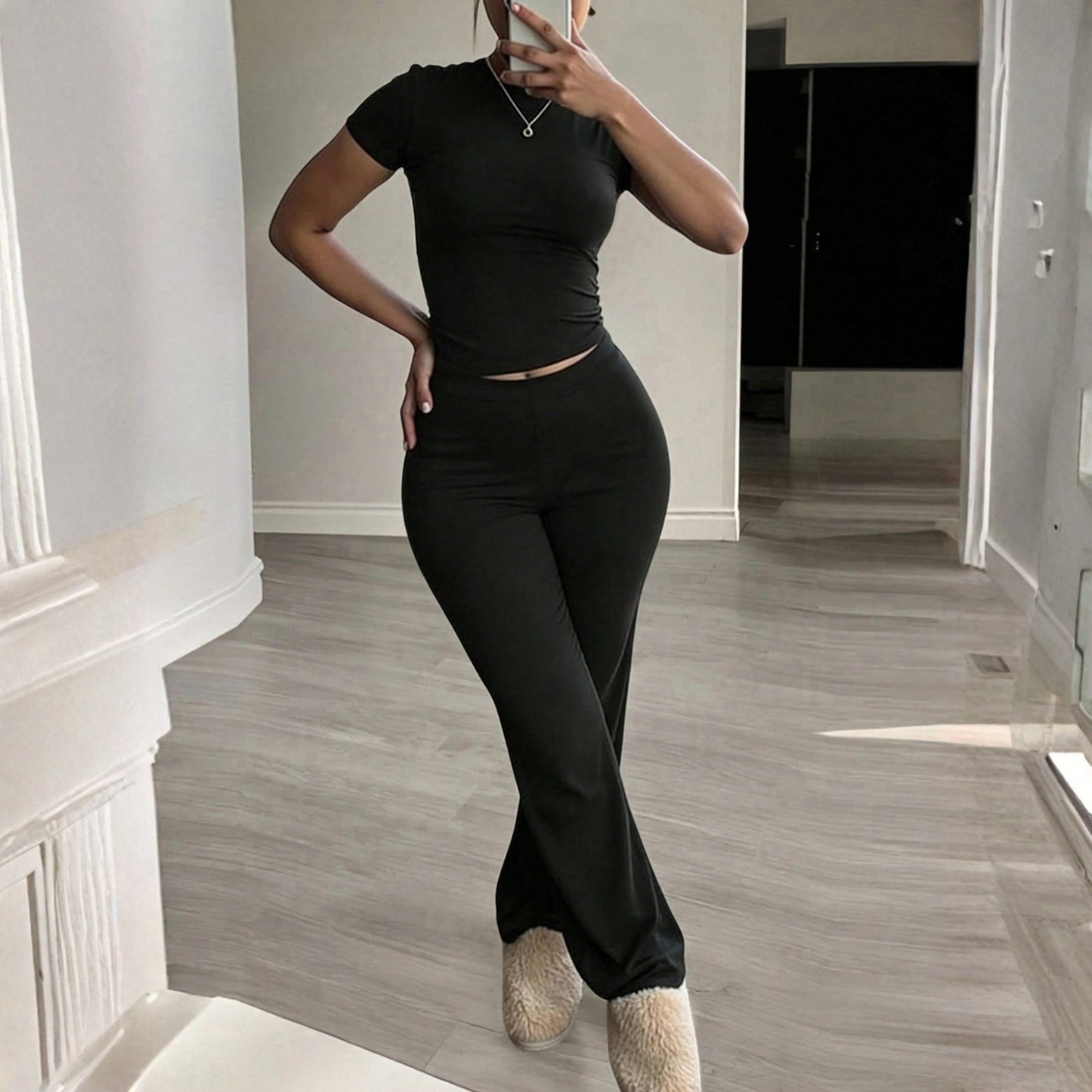 Fitted Short Sleeve T Shirt and Pants 2 Piece Casual Set for Women