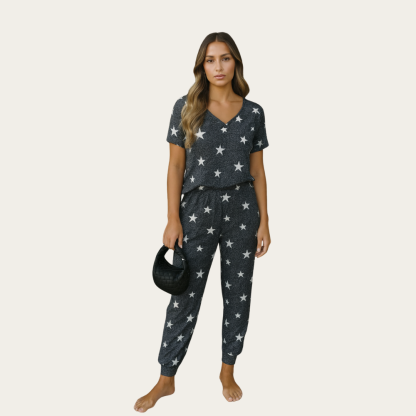 Women 2 Piece Pajama Set With Short Sleeve Lounge Top And Jogger Pants