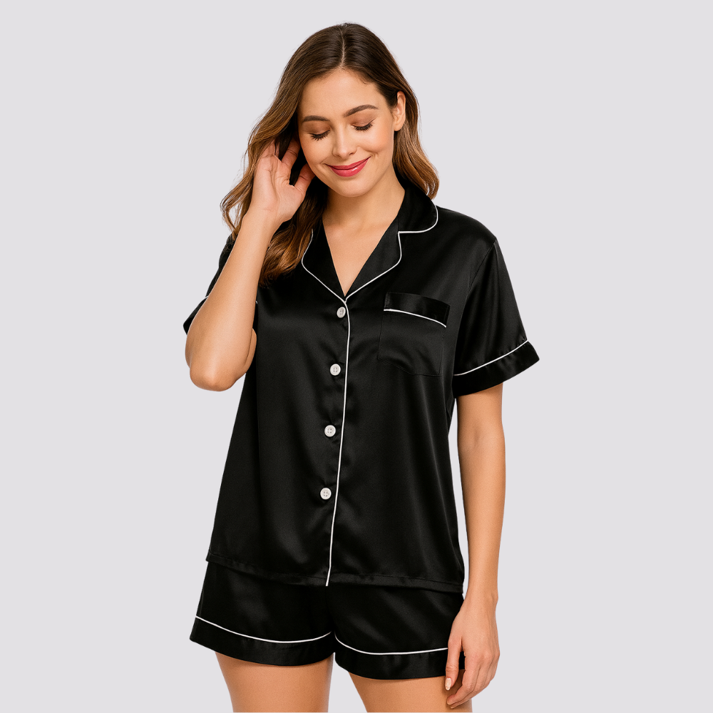Womens Silk Satin Pajamas Short Sleeve Button Down Set