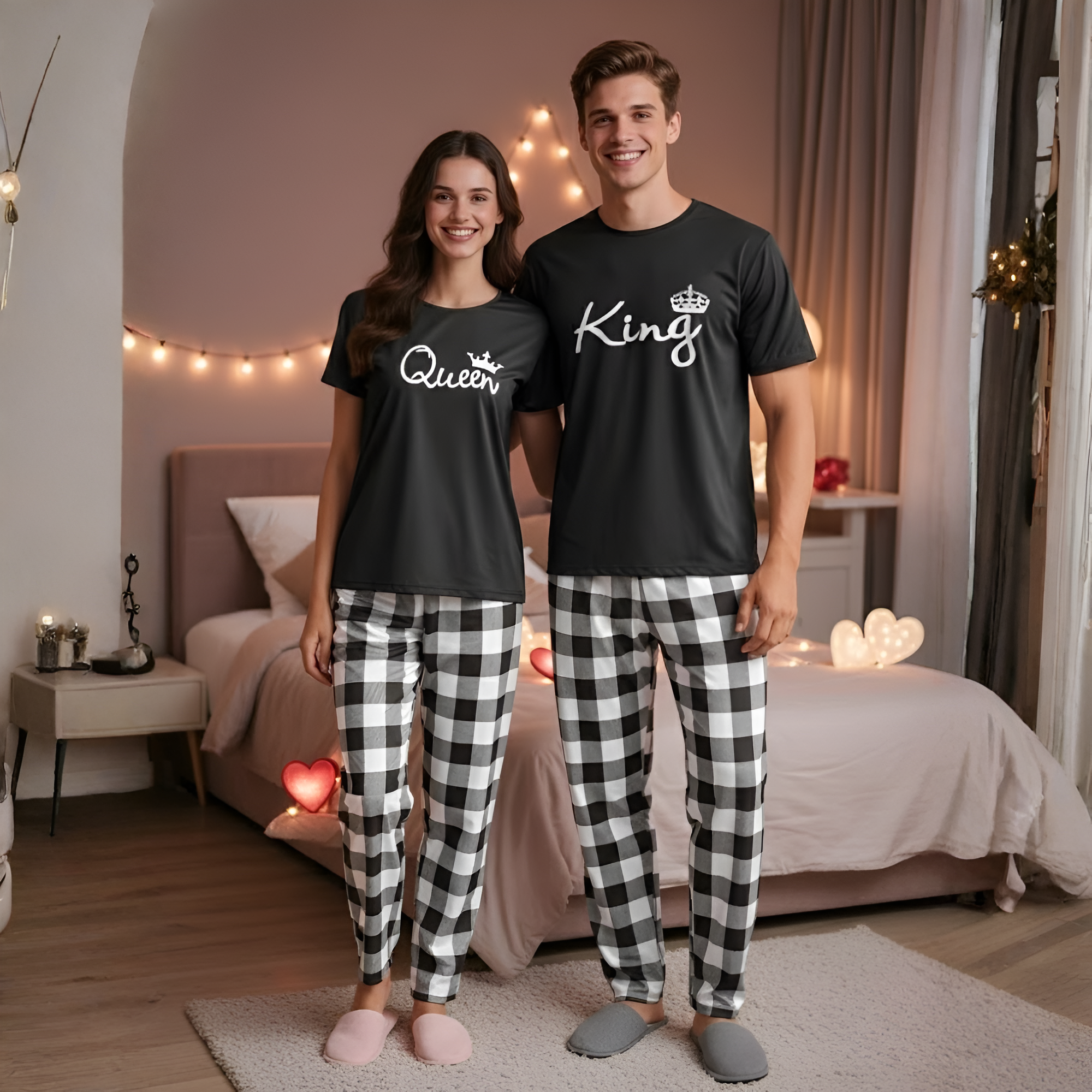 Letter Print Top Plaid Pants Set