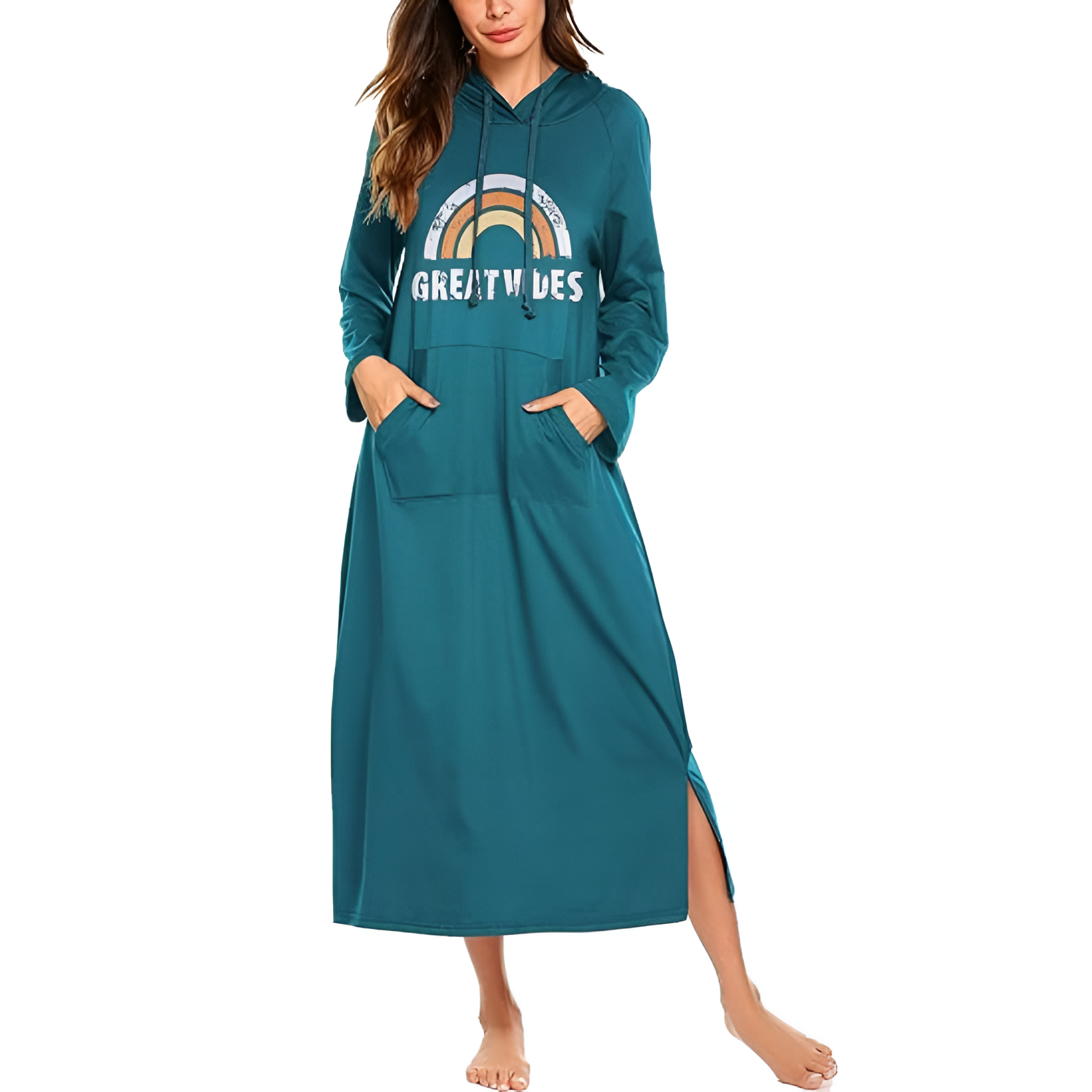 Hooded Nightgown Long Sleeve Full Length Loungewear With Pocket For Women