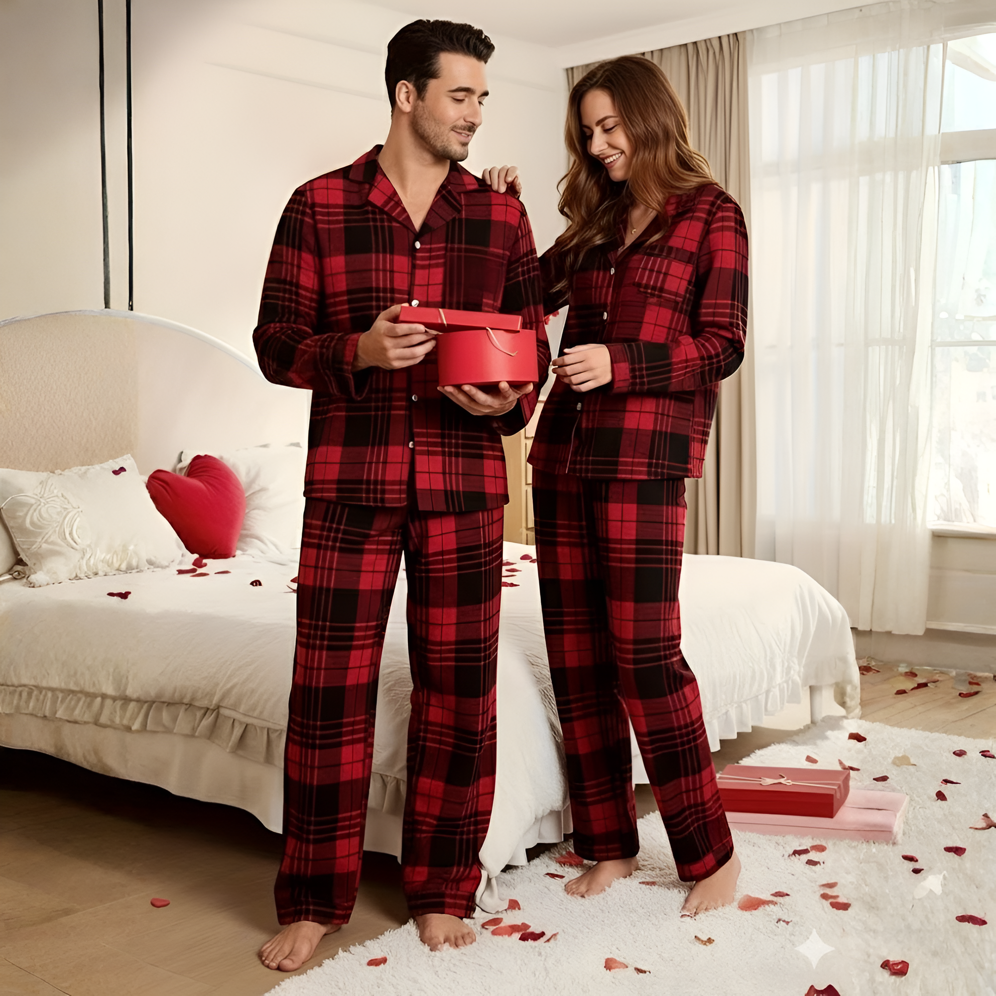 ouple Style Pajamas,Men's Or Women's Sleepwear Homewear,Valentine's Day Plaid Casual Lapel Top and Pants