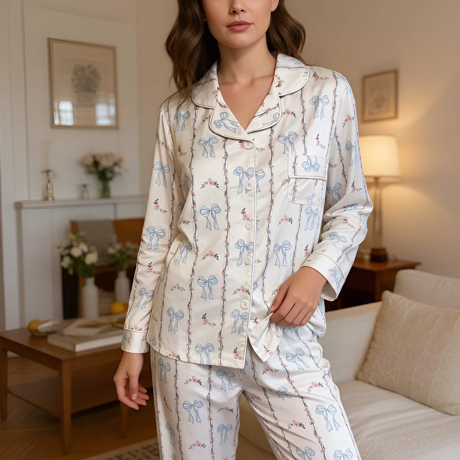 Cute Blue Bow Print Floral White Pajama Set for Womens Soft Comfy Long Sleeve Sleepwear Home Wear Loungewear PJ Womenswear Pyjamas Stretchy Valentines Day Gift