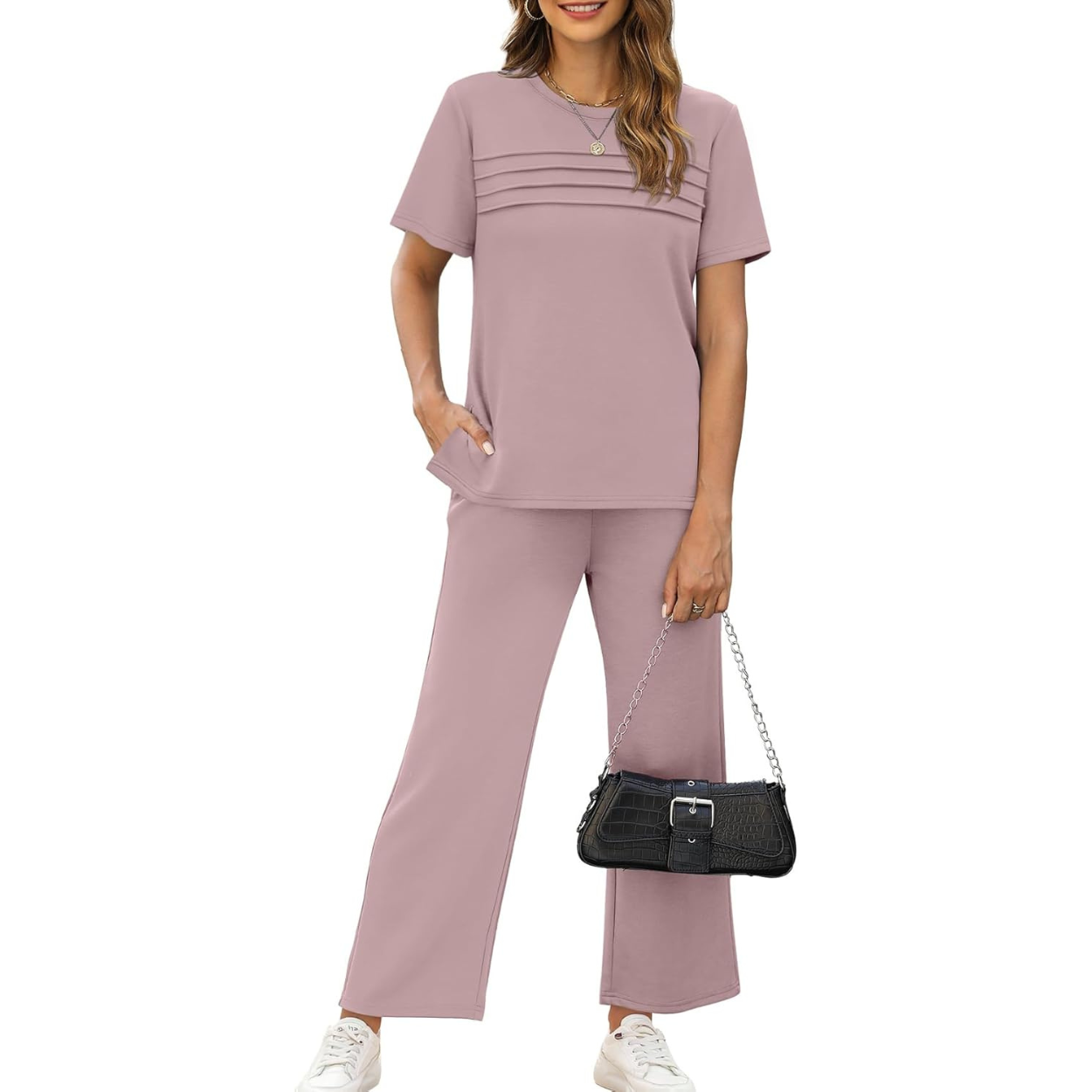 Two Piece Travel Set with Wide Length Pants For Women