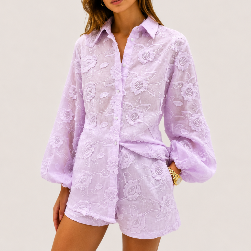 2 Piece Lace Jacket Top And Mini Shorts Set For Women