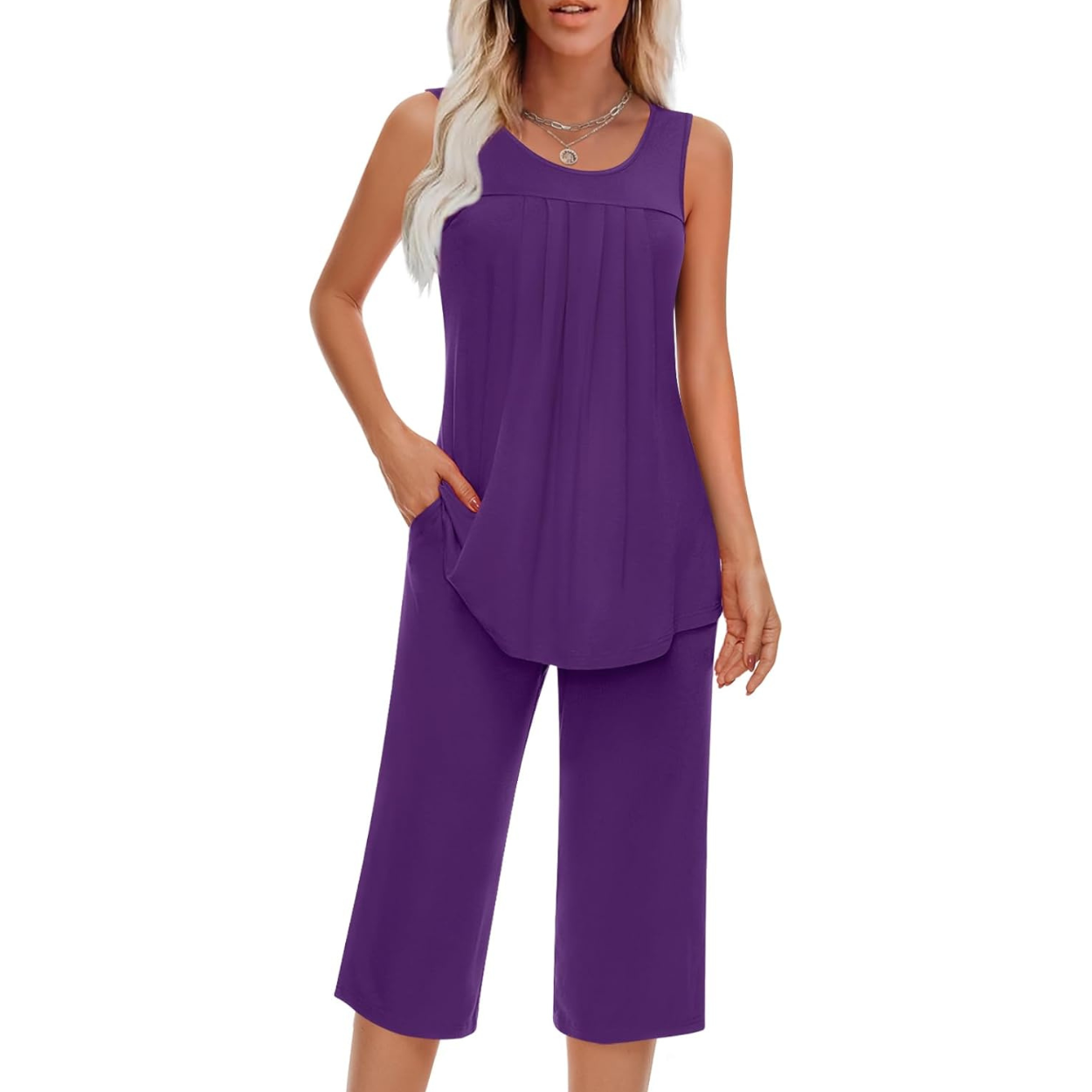 2 Piece Pajama Set Soft Summer Sleeveless Tank Top And Pants With Pockets For Women