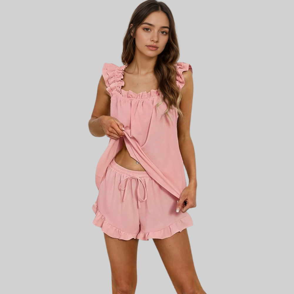 Women Ruffle Pajama Set 2 Piece Soft Tank Top And Shorts Sleepwear