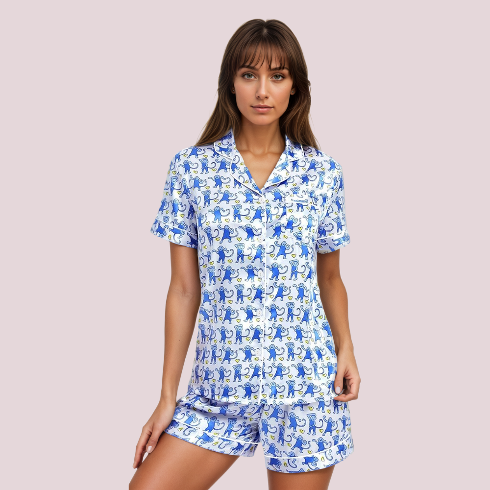 Women Satin Pajama Set With Short Sleeve Top And Shorts