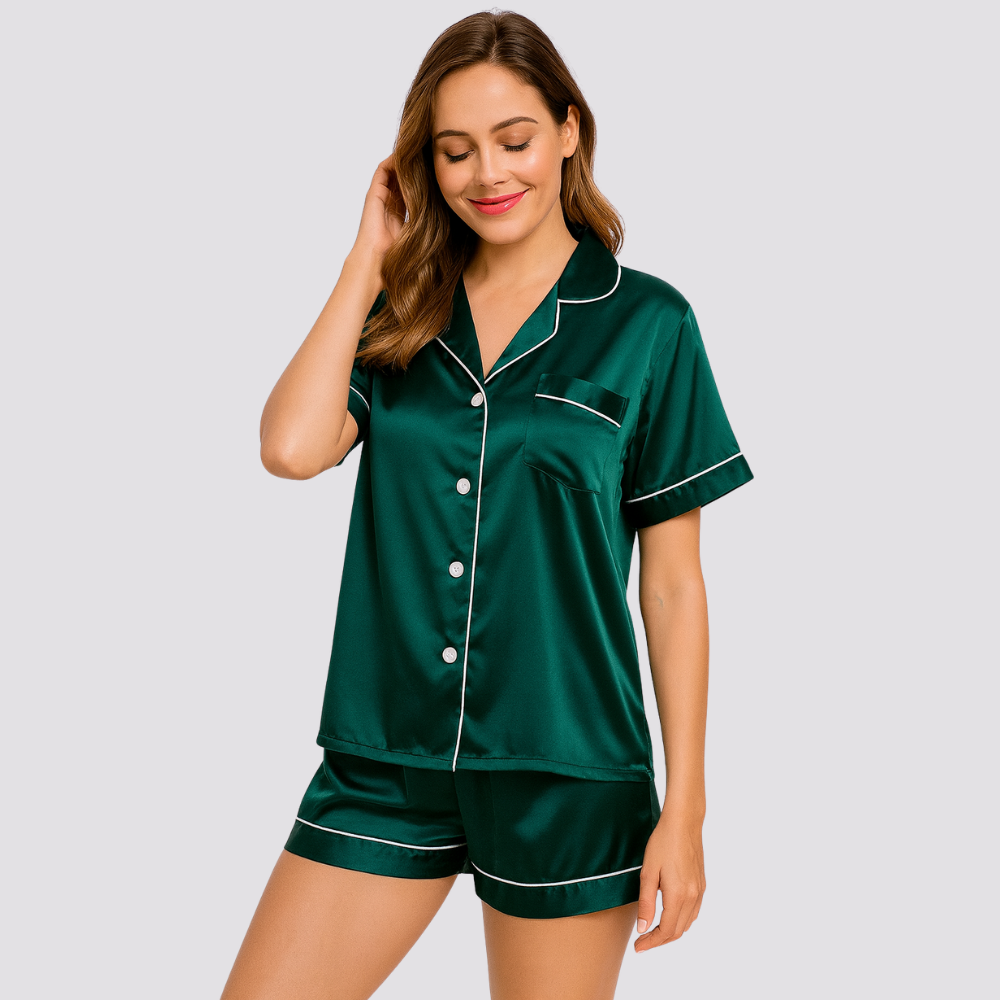 Womens Silk Satin Pajamas Short Sleeve Button Down Set