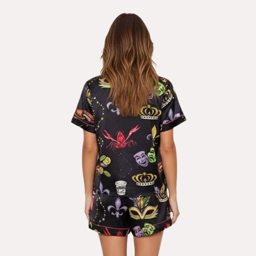 Short Sleeve Printed Satin Pajama Set For Women