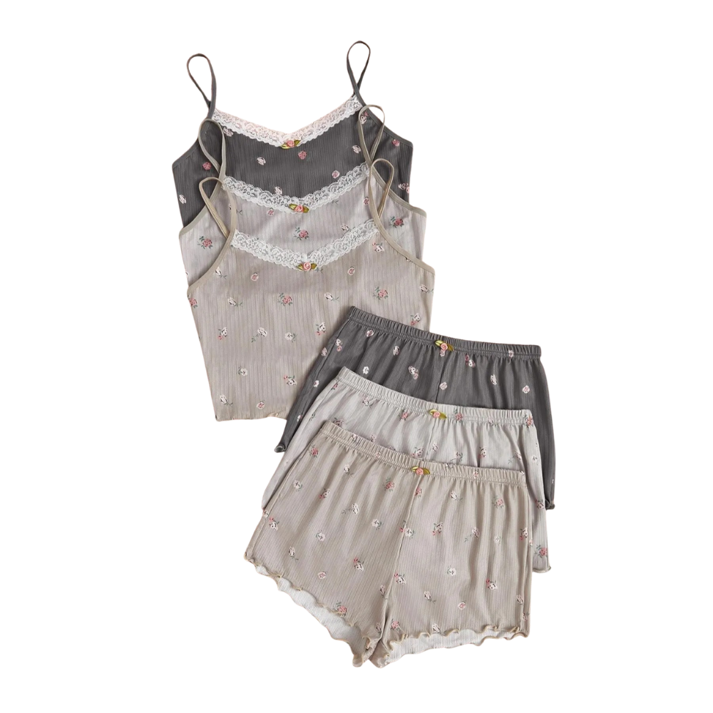 2 Piece Pajama Set With Sleeveless Cami Top And Trim Shorts For Women