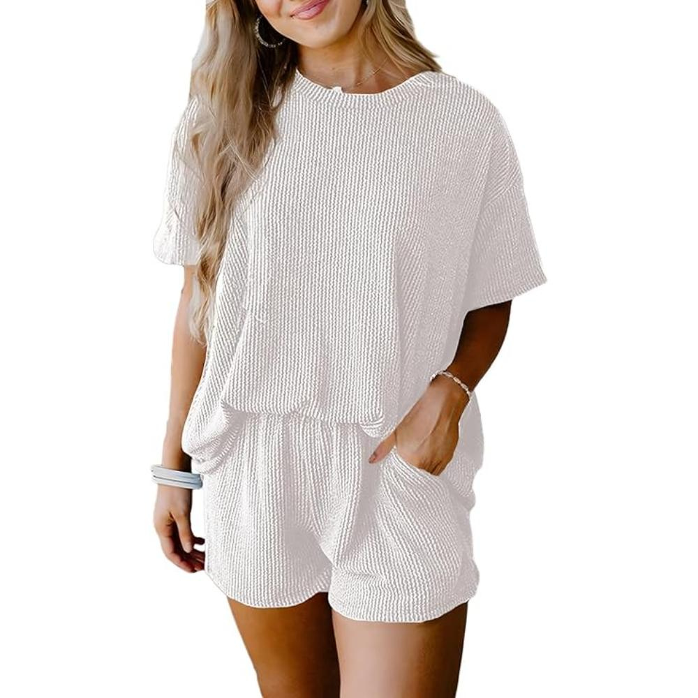 Ribbed Lounge Set Short Sleeve Top And Shorts with Pockets