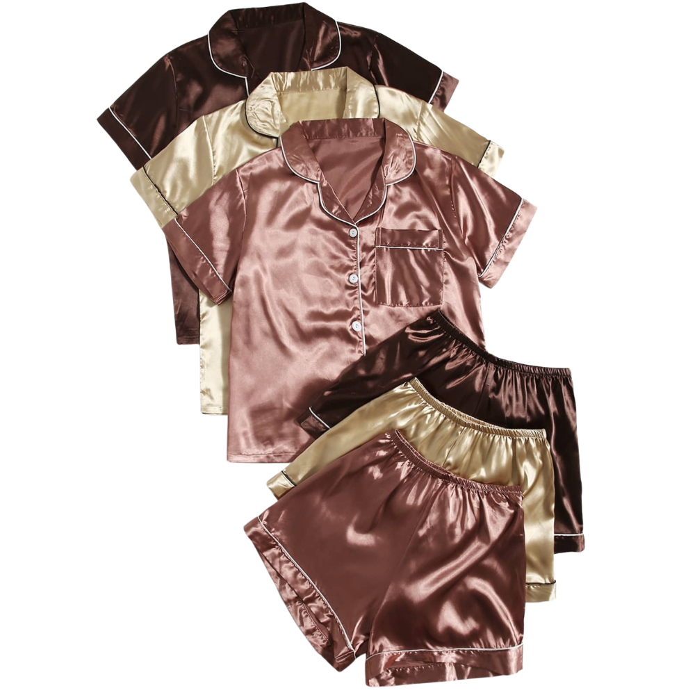 Pack Of 3 Contrast Piping Blouse And Shorts Set For Women 
